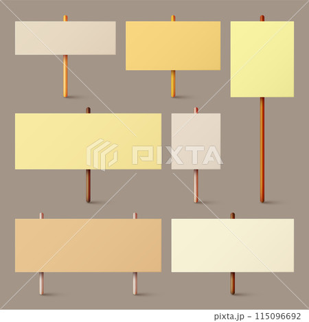 Blank colorful protest sign with wooden holder. Realistic vector demonstration banner. Strike action cardboard placard mockup 115096692