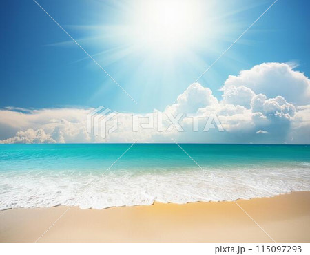 快晴のビーチ 強い太陽光 青い海と空の背景 のイラスト素材 [115097293