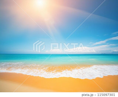 快晴のビーチ　強い太陽光　青い海と空の背景  115097301
