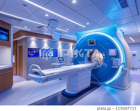 A state-of-the-art MRI machine in a brightly lit, advanced medical facility, showcasing cutting-edge technology. 115097715