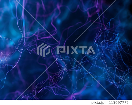 Abstract image of neon light trails in blue and purple on a dark background, evoking a sense of energy and motion. 115097773