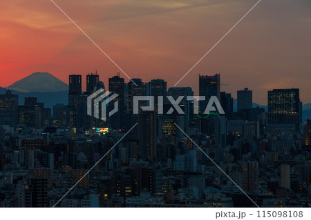 東京都市風景　文京シビックセンター　夕暮れの新宿高層ビル群と富士山 115098108