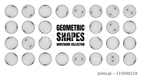 Wireframe shapes, lined sphere. Perspective mesh, 3d grid. Low poly geometric elements. Retro futuristic design elements, y2k, vaporwave and synthwave style. Vector illustration 115098210