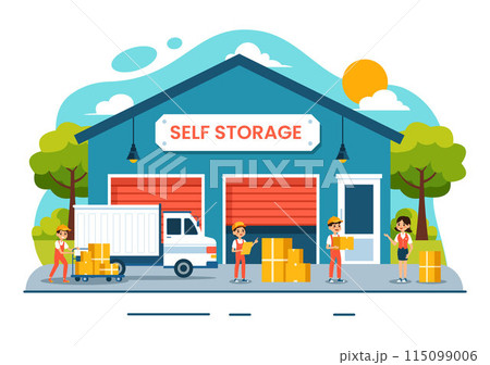 Self Storage Vector Illustration featuring Cardboard Boxes Filled with Unused Items in a Mini Warehouse or Rental Garage in a Flat Cartoon Background Self Storage Vector Illustration featuring Cardboard Boxes Filled with Unused Items in a Mini Warehouse or Rental Garage in a Flat Cartoon Background 115099006