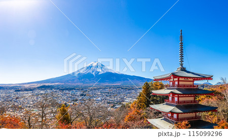 Panorama view of Chureito Red Pagoda is a five-story pagoda with a beautiful backdrop of Mount Fuji, a popular and famous place considered a symbol of Japan. Panorama view of Chureito Red Pagoda is a five-story pagoda with a beautiful backdrop of Mount Fuji, a popular and famous place considered a symbol of Japan. 115099296
