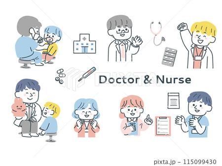 いろんなポーズのお医者さんや看護師さんのイラストセット 115099430