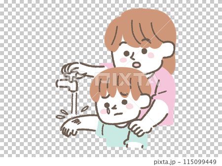 Illustration of a boy washing an injury Illustration of a boy washing an injury 115099449