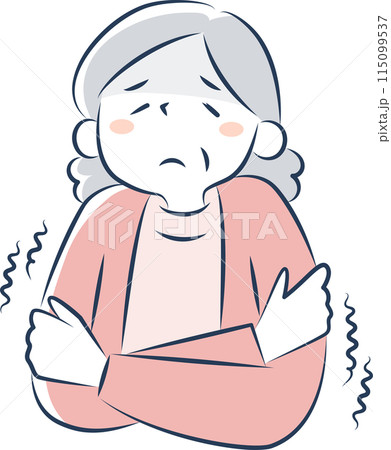 寒気がして震えているシニア女性の上半身 寒気がして震えているシニア女性の上半身 115099537