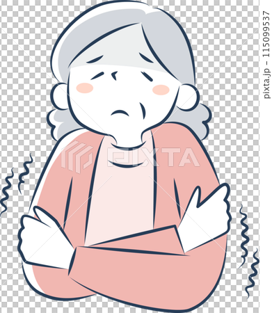 一名老年婦女因寒冷天氣而發抖的上半身 115099537