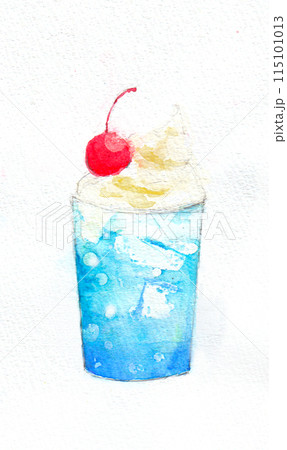 さくらんぼが乗った青いクリームソーダの水彩画 115101013