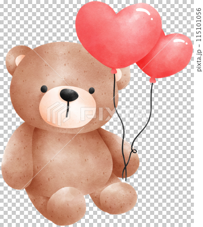 Cute teddy bear with heart balloons watercolor illustration 115101056