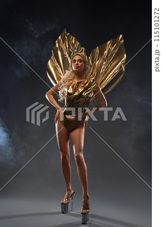 Stylish woman in golden costume in dark studio Stylish woman in golden costume in dark studio 115101272
