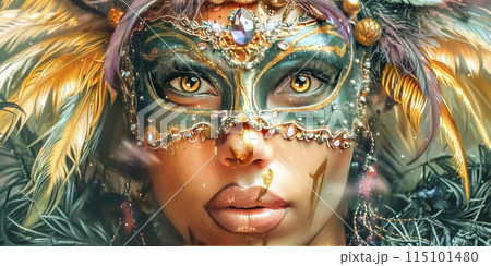 Intricate Venetian Mask with Pearls and Feathers Intricate Venetian Mask with Pearls and Feathers 115101480
