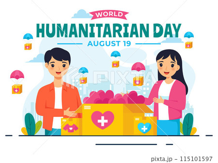 World Humanitarian Day Vector Illustration featuring a Global Celebration of Helping People, Charity, Donations, and Volunteering on a Flat Background 115101597