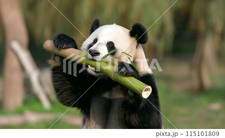 A panda eat bamboo stalk	 115101809