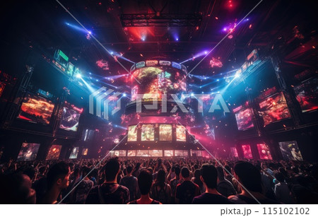 Stage show in E sport arena, Glow scenery with a central gaming stage, audience seating, dynamic lighting Stage show in E sport arena, Glow scenery with a central gaming stage, audience seating, dynamic lighting 115102102