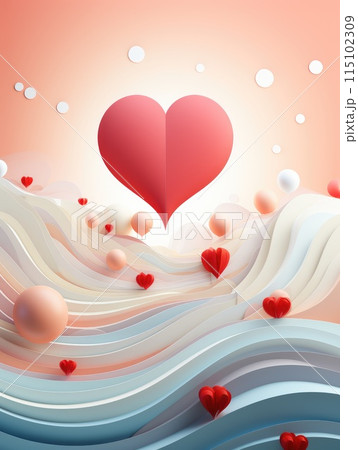 Paper cut of Happy Valentine Day, heart with origami paper heart shape on pastel color background for greeting card, banner, poster. 115102309