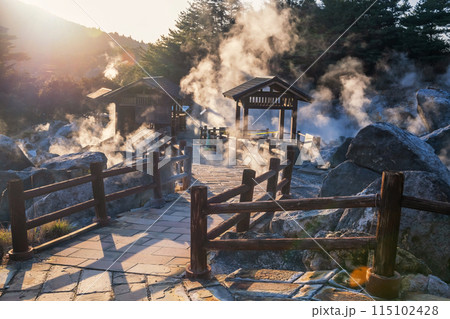 Mount Unzen Hell valley Jigoku and hot springs at sunset 115102428