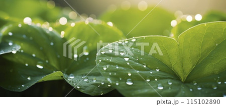 Cluster of Green Leaves With Water Droplets, A Refreshing Sight of Natures Elegance 115102890