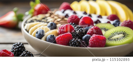 Close Up of Fresh Fruit Bowl on Table 115102893
