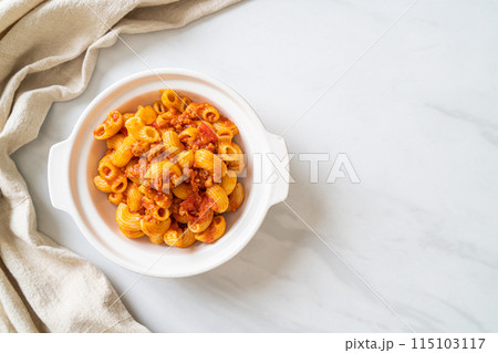 macaroni with tomatoes sauce and mince pork macaroni with tomatoes sauce and mince pork 115103117