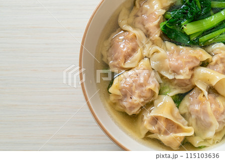 pork wonton soup or pork dumplings soup with vegetable pork wonton soup or pork dumplings soup with vegetable 115103636