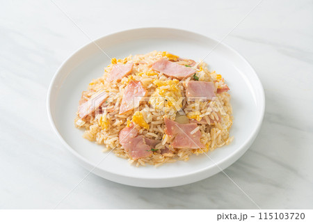 bacon ham fried rice on plate 115103720