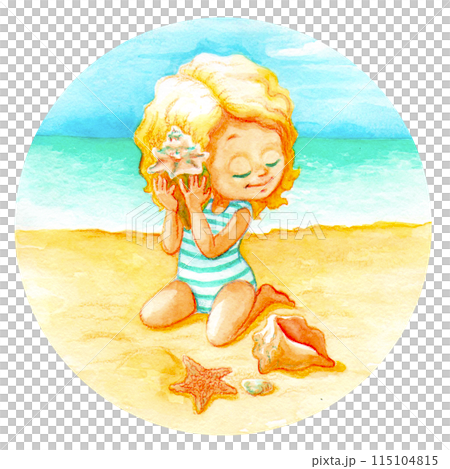 Smiling girl siting on sand and listening to large shell, that she holds close to ear. Watercolor illustration of a Child resting on a beach for postcards or t-shirts design. Summer vacation concept Smiling girl siting on sand and listening to large shell, that she holds close to ear. Watercolor illustration of a Child resting on a beach for postcards or t-shirts design. Summer vacation concept 115104815
