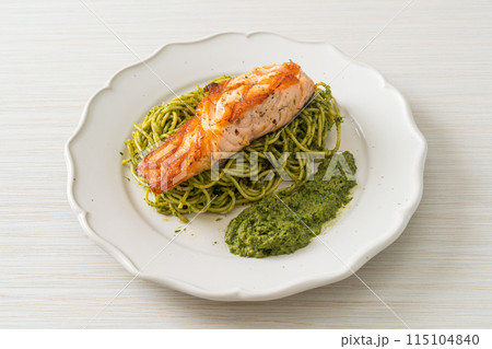 Spaghetti pesto with grilled salmon Spaghetti pesto with grilled salmon 115104840