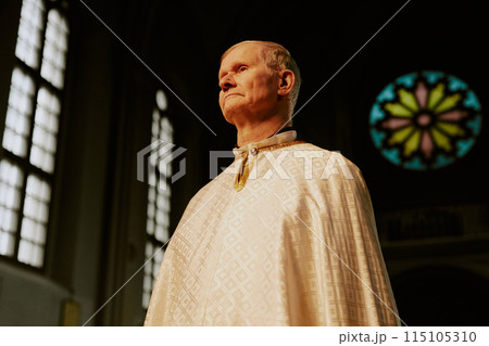 Medium low angle view shot of confident senior Caucasian priest wearing vestment standing in church looking away 115105310