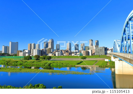 【神奈川県】快晴の武蔵小杉の高層マンションと丸子橋 【神奈川県】快晴の武蔵小杉の高層マンションと丸子橋 115105413
