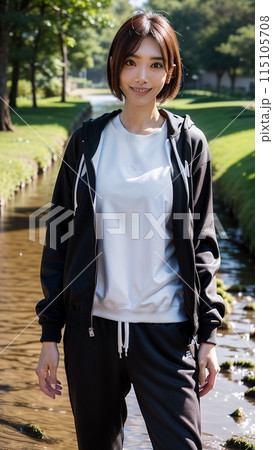 涼しい、公園を散歩する女性 ストレート解消 涼しい、公園を散歩する女性 ストレート解消 115105708