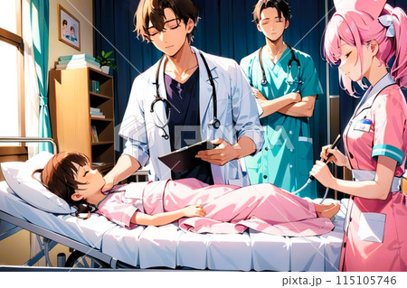 医師と看護師が子供の入院患者を診察 115105746
