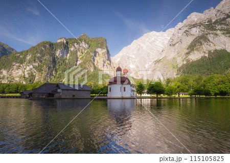 Sankt Bartholoma vor dem Watzmann on Konigsee lake in Berchtesgaden Alps Germany Sankt Bartholoma vor dem Watzmann on Konigsee lake in Berchtesgaden Alps Germany 115105825