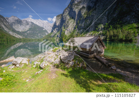 Bootshaus am Obersee lake in Berchtesgaden National Park, Alps Germany Bootshaus am Obersee lake in Berchtesgaden National Park, Alps Germany 115105827
