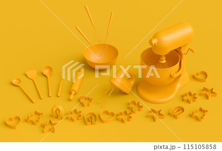 Mixer and cookie cutters with kitchen utensil for making cookies on monochrome Mixer and cookie cutters with kitchen utensil for making cookies on monochrome 115105858
