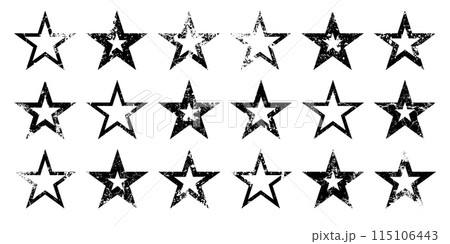 Vintage stars with cracks and stains. Old hand-drawn sign, black simple shape. Retro design element with distressed effect, grunge texture. Vector illustration Vintage stars with cracks and stains. Old hand-drawn sign, black simple shape. Retro design element with distressed effect, grunge texture. Vector illustration 115106443