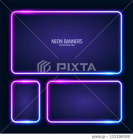 Glowing neon banners, illuminated colorful square frames. Shiny vibrant border, glow effect. Blue vintage retro lights, night illumination. Modern futuristic UI design elements. Vector illustration 115106509