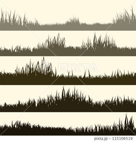 Meadow silhouettes with grass, plants on plain. Panoramic summer lawn landscape with herbs, various weeds. Herbal border, frame element. Brown horizontal banners. Vector illustration Meadow silhouettes with grass, plants on plain. Panoramic summer lawn landscape with herbs, various weeds. Herbal border, frame element. Brown horizontal banners. Vector illustration 115106519