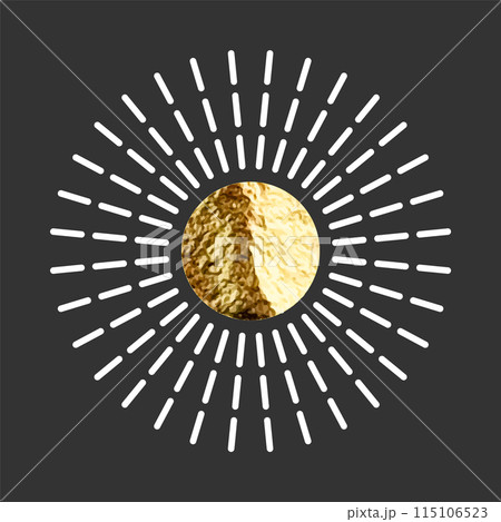 Vintage sunburst, sunset beams. Gold foil, shiny handmade circles. Golden glittering texture, pattern. Hand drawn bursting sun, light rays. Logotype or lettering, retro style. Vector illustration Vintage sunburst, sunset beams. Gold foil, shiny handmade circles. Golden glittering texture, pattern. Hand drawn bursting sun, light rays. Logotype or lettering, retro style. Vector illustration 115106523