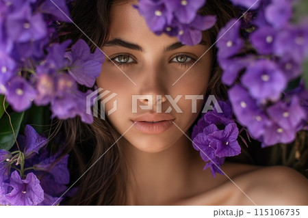 Portrait of a beautiful girl surrounded by purple flowers. Young stunning woman in purple 115106735