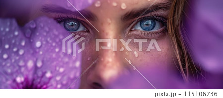 Portrait of a beautiful girl surrounded by purple flowers. Young stunning woman in purple 115106736