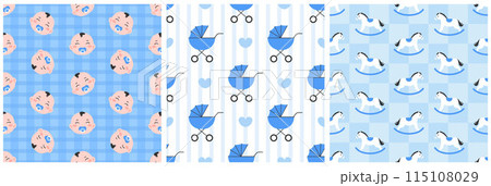Baby Seamless Pattern Design, A Set of Simple Decorative Elements in a Hand Drawn on Style Cartoon Flat Illustration Template Baby Seamless Pattern Design, A Set of Simple Decorative Elements in a Hand Drawn on Style Cartoon Flat Illustration Template 115108029