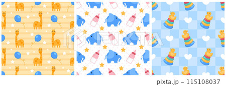 Baby Seamless Pattern Design, A Set of Simple Decorative Elements in a Hand Drawn on Style Cartoon Flat Illustration Template 115108037