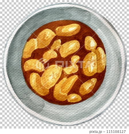 Watercolor beans baked in tomato sauce in plate illustration. English breakfast illustration. Watercolor beans baked in tomato sauce in plate illustration. English breakfast illustration. 115108127