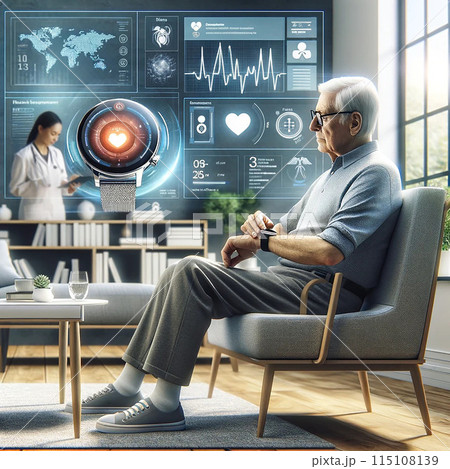 スマートウォッチによる高齢者の健康モニタリングのイメージが 115108139