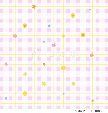 Pink square plaid with smiley faces and star pattern for background, wallpaper, backdrop, ad template, fabric print, banner, gift wrap, packaging, duvet, textile, shirt, clothing, garment, kid pattern 115108338