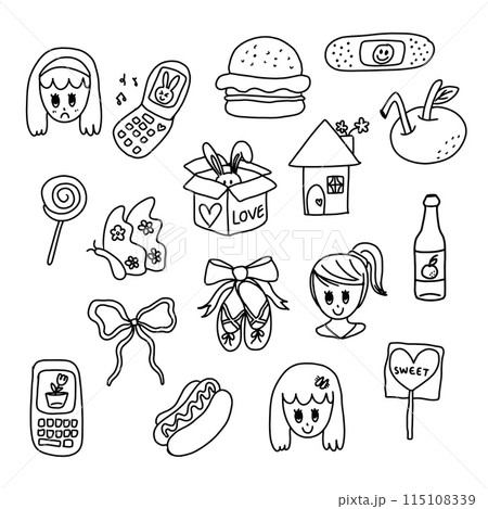 Hand drawn cute cartoon outlines of flip phone, ballerina shoes, orange juice, burger, hotdog, candy, home, butterfly, ribbon, parcel box with bunny for colouring book, sticker, tattoo, print, toy, ad 115108339