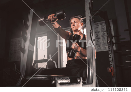 Young woman with dumbbells in the gym. Portrait of young attractive woman in sport clothes holding weight dumbbell doing fitness workout 115108851
