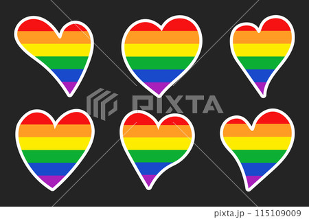 Set of stickers of rainbow hearts isolated on a dark background. Pride month stickers. Vector illustration 115109009